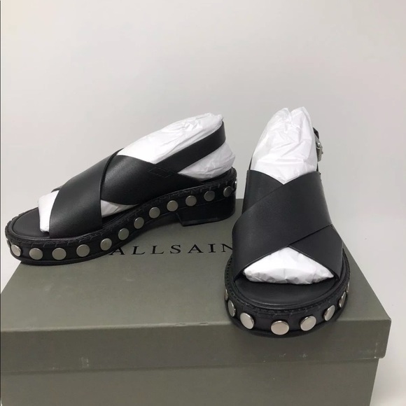 AllSaints Leather Sandal Slingback Strap Stud Heel - Picture 5 of 8
